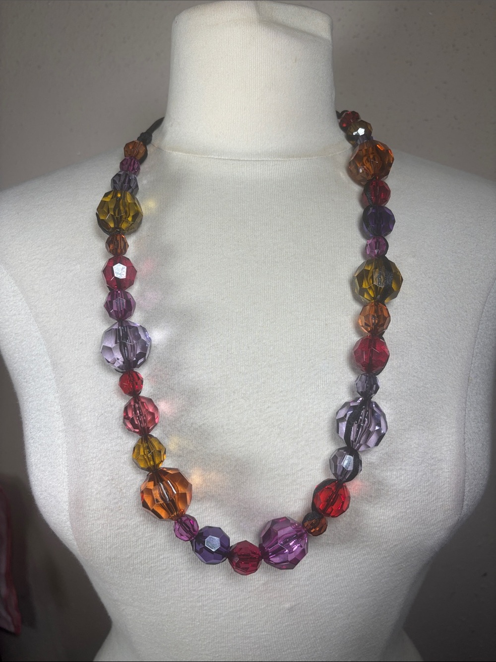 Multi Color Acrylic Faceted Beaded Stone Necklace Chunky Ribbon Tie Necklace